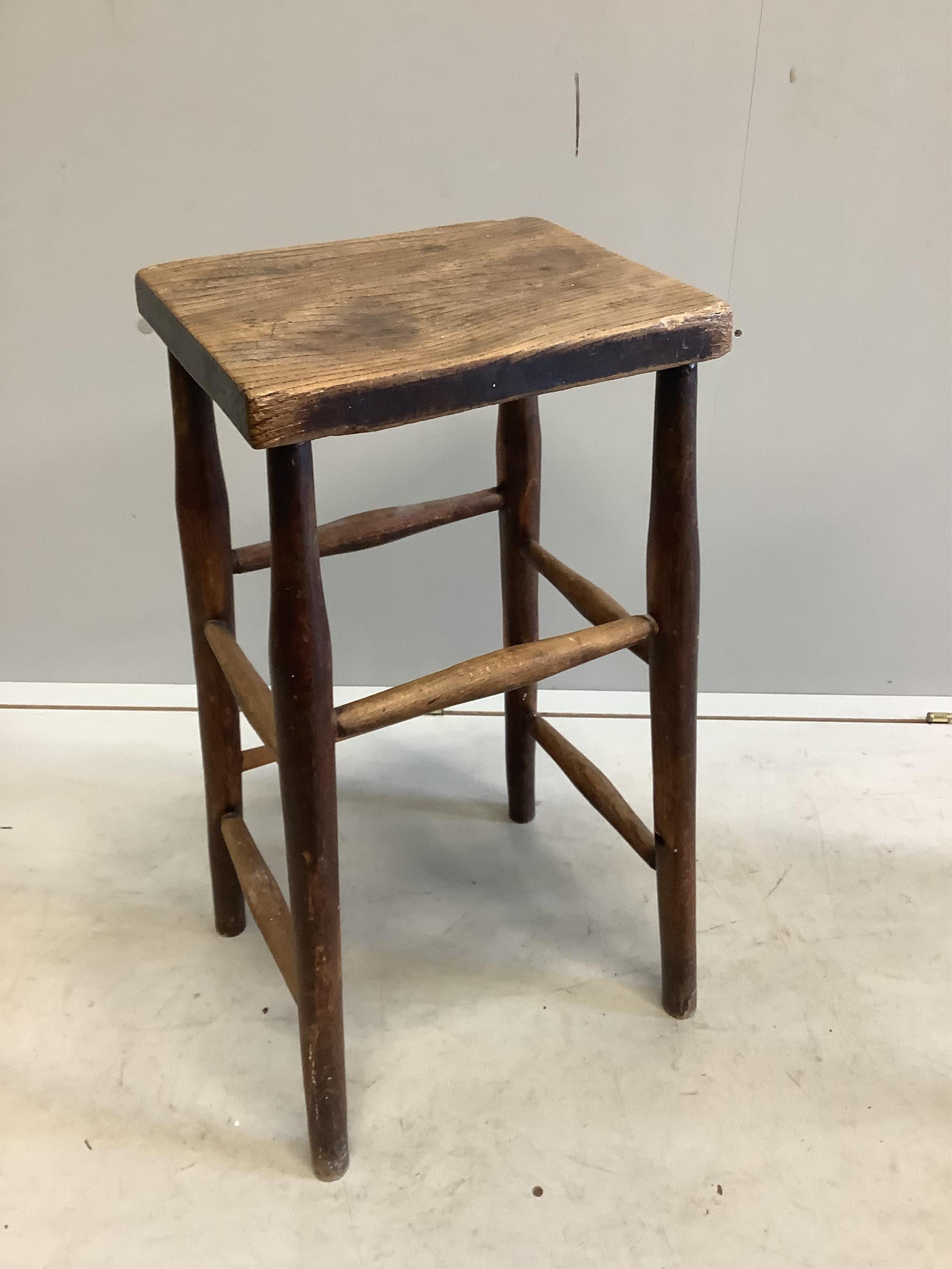 A pair of Victorian elm and beech stools, width 31cm, depth 25cm, height 62cm. Condition - poor, one stretcher missing